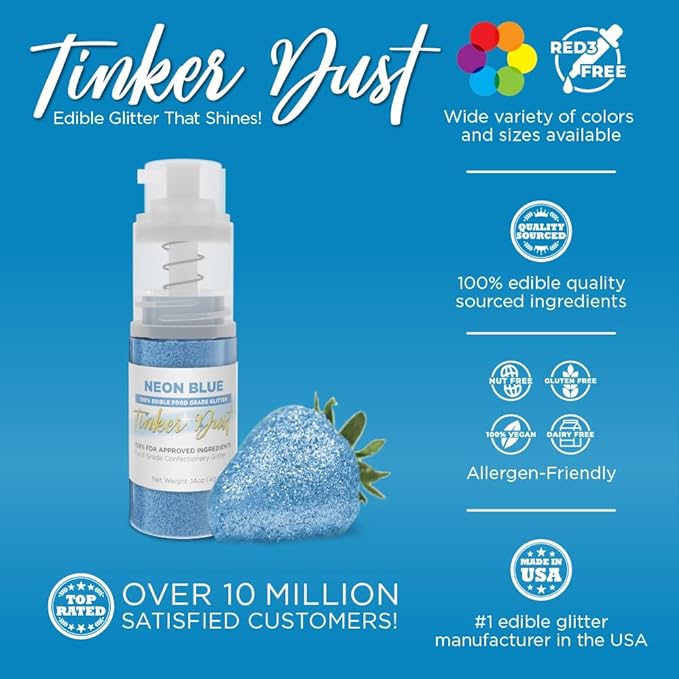 Bakell - Neon Blue Tinker Dust (4g, 1x Mini Spray Pump) Edible Glitter for Food, Desserts, and