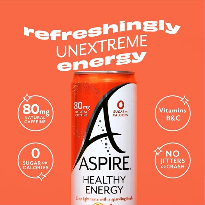 ASPIRE® Mango Lemonade, Healthy Energy Drink 80mg Natural Caffeine, Zero Sugar No Carbs Keto