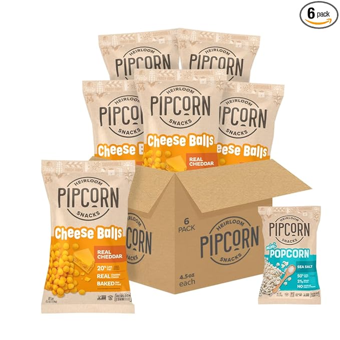 Heirloom Cheddar Cheese Balls by Pipcorn - 4.5oz 6 Pack - Gluten Free, Non-GMO Heirloom Corn