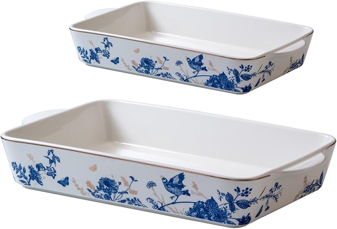 Baking Pans Set of 2 Blue flower 14 inch Ceramic for Oven Large Casserole Baking Dish Set with
