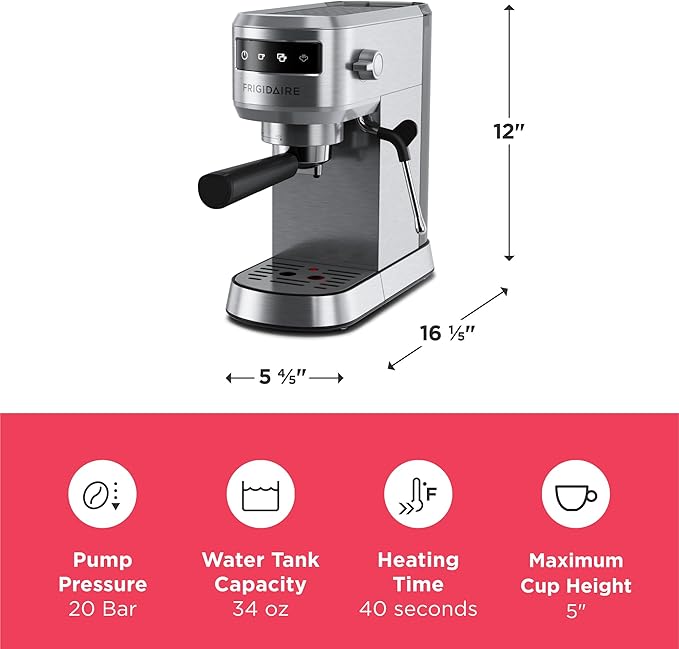 Frigidaire Steam Espresso Maker, Coffee Machine with Milk Frother & Cup Warmer, 20 Bar Pressure, 34
