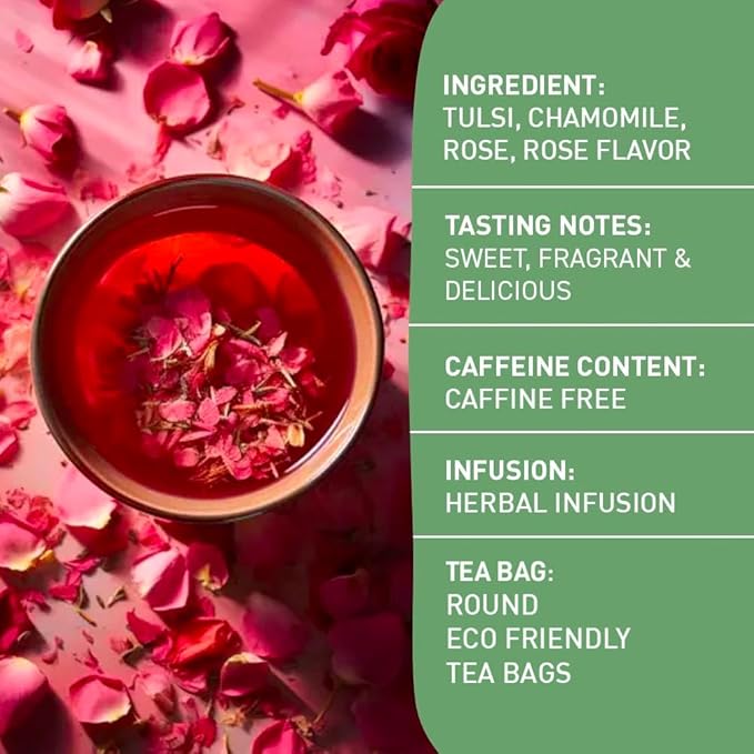 HANDPICK, Rose Buds Herbal Tea Bags - 50 Count | Caffeine Free Tulsi Tea with Chamomile & Rose