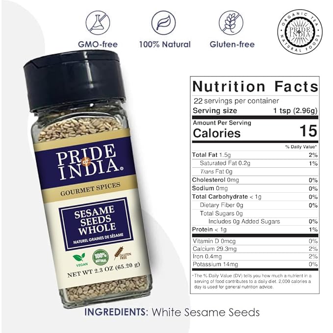 Pride of India | Sesame Seed Whole 2.3 oz (65.20 gm) Small Dual Sifter Bottle | Unhulled & Fresh |