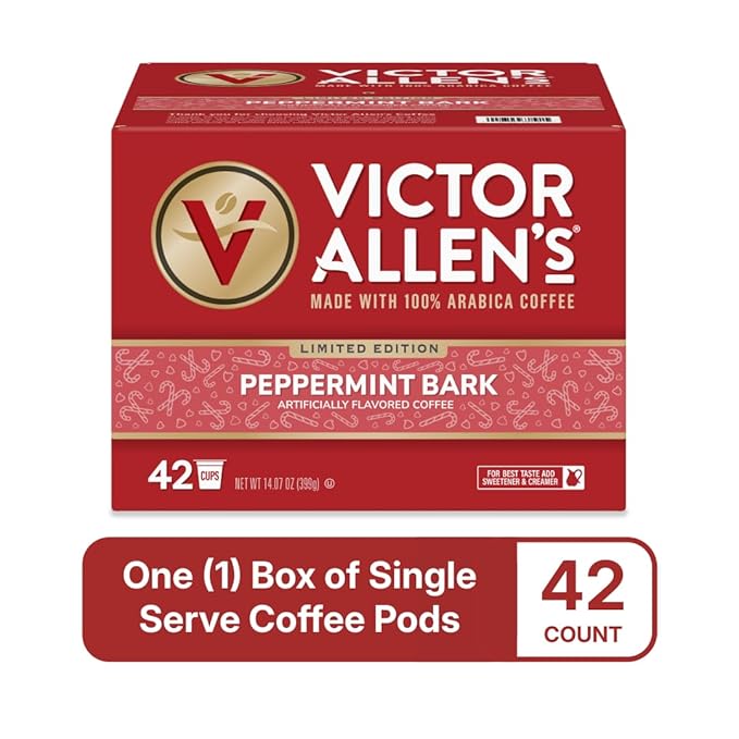 Victor Allen's Coffee Peppermint Bark Flavored, Medium Roast, 42 Count, Single Serve Coffee Pods