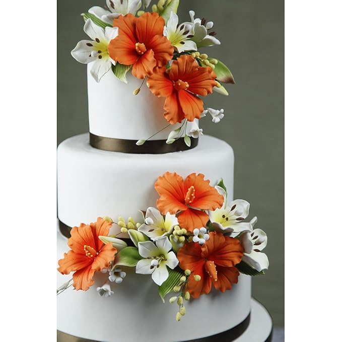Global Sugar Art Hibiscus Sugar Cake Flowers, Orange with Deep Orange, Hawaiian Cake Flower Large 3