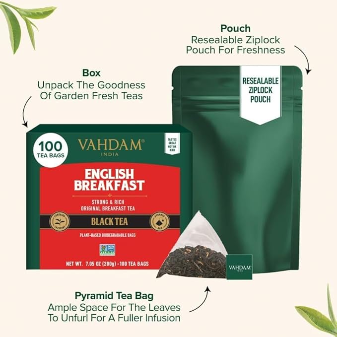 VAHDAM, English Breakfast Black Tea Bags (100 Count) High Caffeine | Strong, Robust & Flavoury |