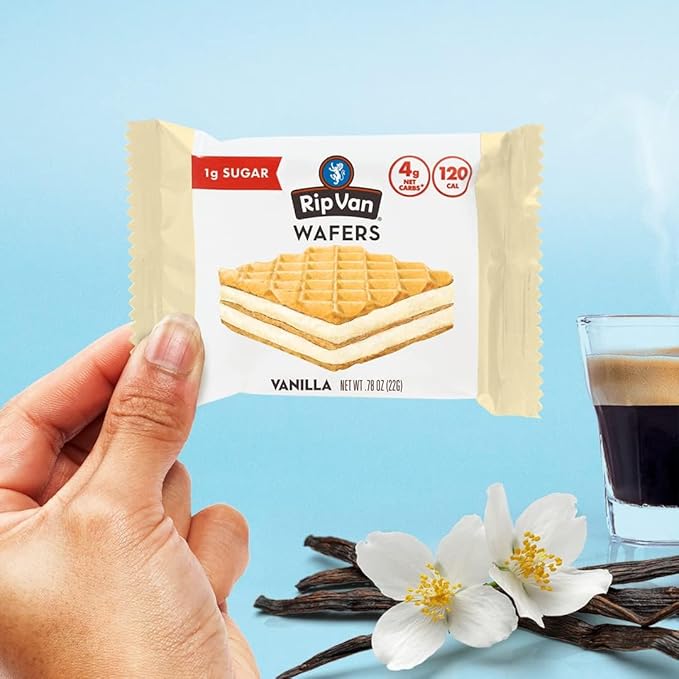 Rip Van Vanilla Keto Wafer Cookies, Healthy Vegan Snack, Non GMO, Low Carb, Low Sugar (1g), Low