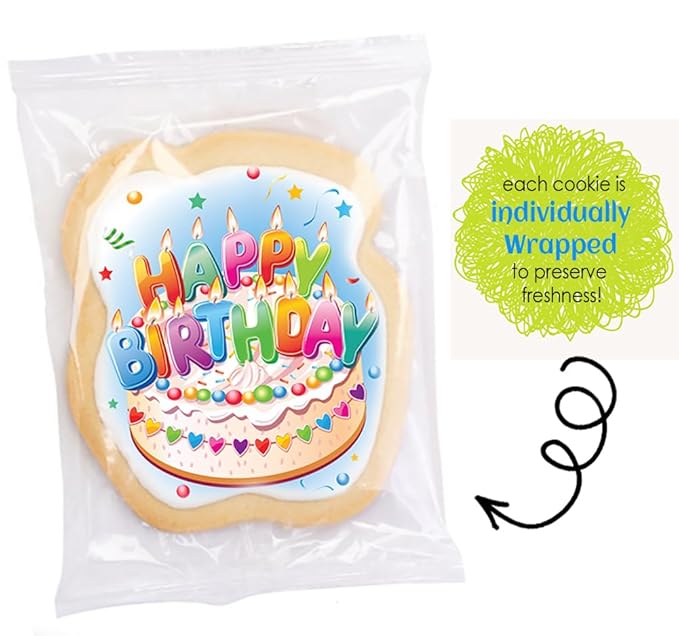 Happy Birthday Cookies Decorated Gift Basket Large 6 pack | Individually Wrapped Sugar Cookie Jumbo