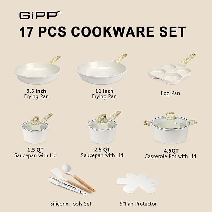 GiPP Ceramic Pots and Pans Set Non Stick - 17 Pcs Nonstick Cookware Set, Non-toxic Healthy Kitchen