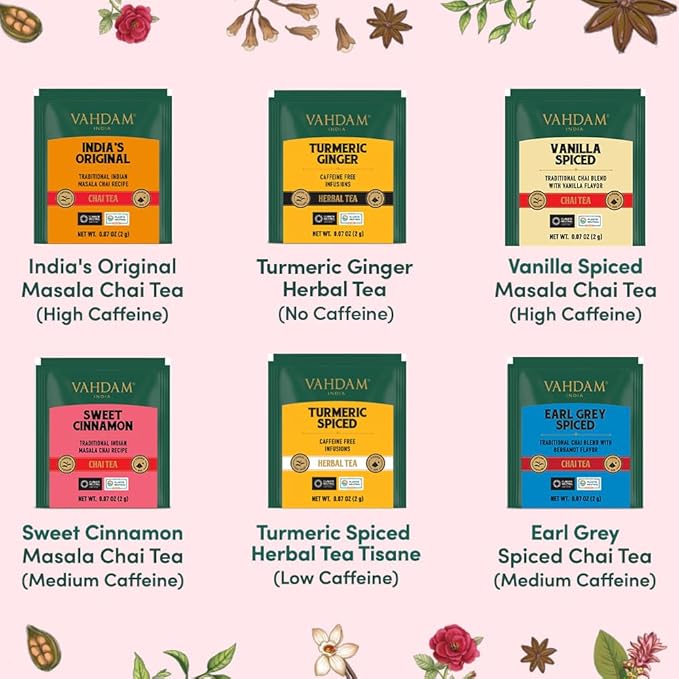 VAHDAM, Assorted Chai Tea Variety Pack (6 Delicious Flavors, 36 Eco Friendly Pyramid Tea Bags)