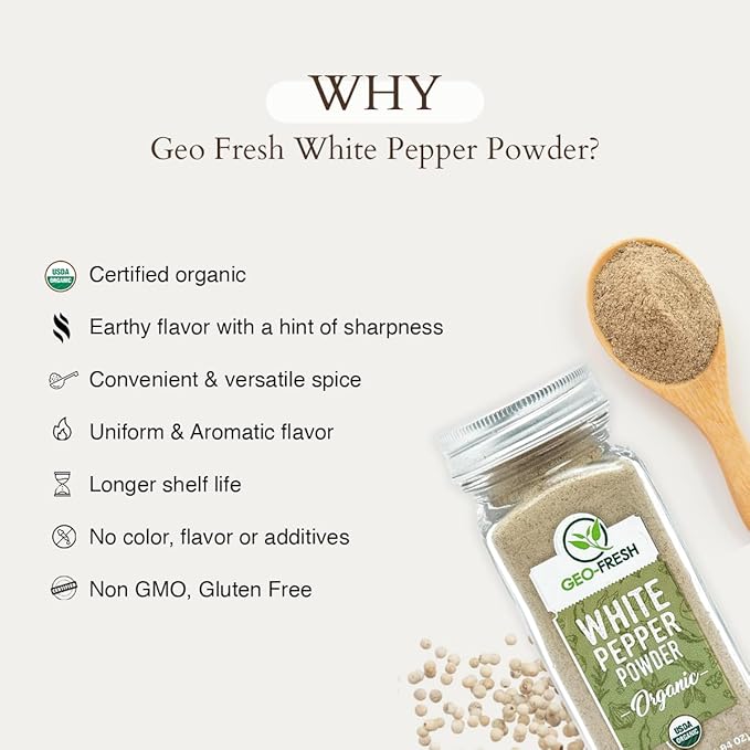 Geo-Fresh Organic White Pepper Ground ??1.94 oz Glass Jar ??White Pepper Powder ??USDA Certified