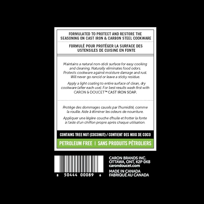 CARON & DOUCET - Cast Iron Seasoning & Cleaning Oil | 100% Plant-Based & Food Grade! | Best for