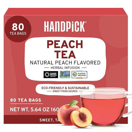 HANDPICK, Peach Tea Bags (80 Count) Non-GMO, Caffeine-Free - Peach, Hibiscus, Cinnamon, Cloves