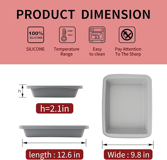 Silicone Baking Mold, Detroit Style Pizza Pan, Rectangular Baking Dish with Handles, Compatible