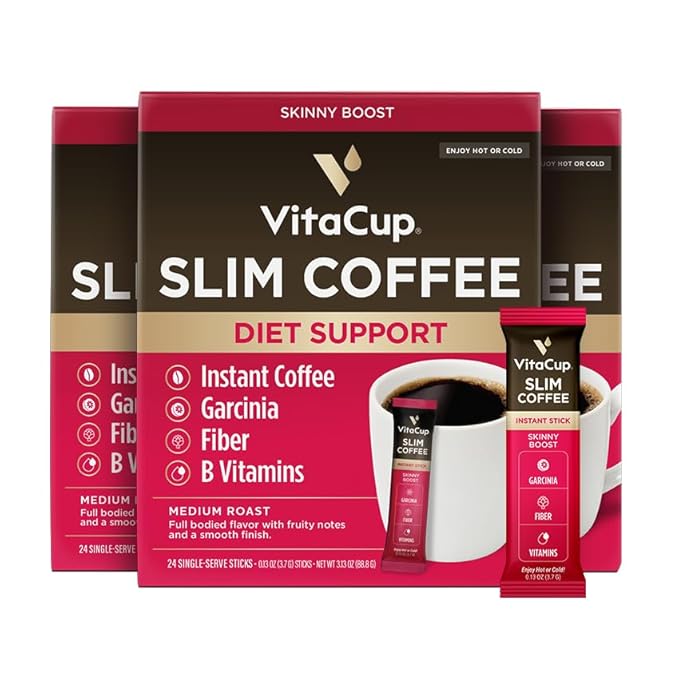 VitaCup Slim Instant Coffee Packets, with Garcinia, Fiber, B Vitamins, Skinny Coffee, Bold &