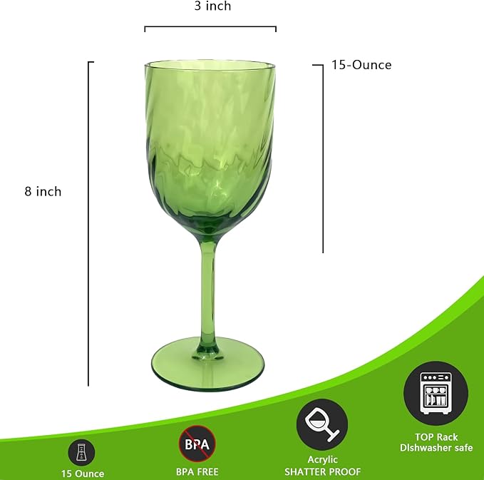 Yalin Set of 6 Unbreakable 15 oz Acrylic Plastic Wine and Water Tumbler Stackable Goblets. (Green