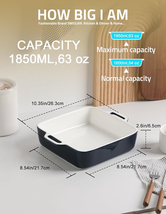 Sweejar 8x8 Baking Pan,Ceramic Casserole Dishes for Oven with Double Handlesï¼? QT Square Cake