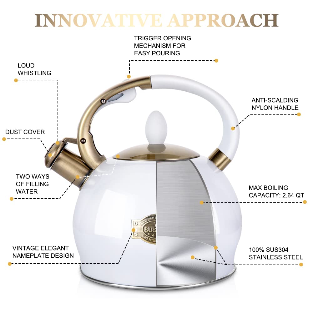 SUSTEAS Whistling Tea Kettle, 2.7QT Food-Grade Steel Teapot, WHITE