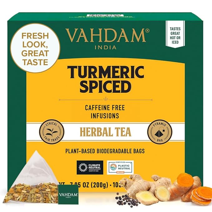 VAHDAM, Turmeric Spice Herbal Tea Bags (100 Pyramid Tea Bags) | Caffeine Free, Non GMO & Gluten