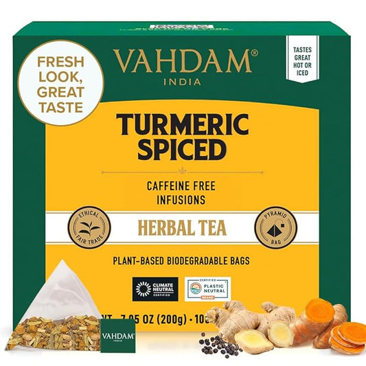 VAHDAM, Turmeric Spice Herbal Tea Bags (100 Pyramid Tea Bags) | Caffeine Free, Non GMO & Gluten