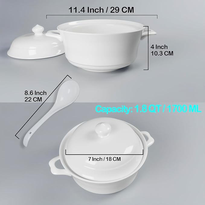 Casserole dish with Lid and soup spoon, Ceramic Serving Soup Tureen, 1.8 QT White French Serving