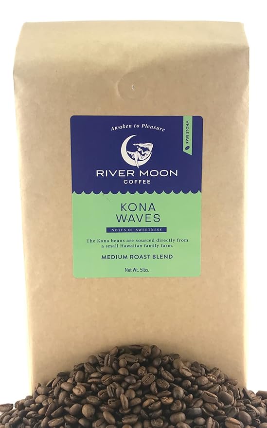 River Moon Coffee, Kona Coffee Whole Bean, Medium Roast, 5 lbs, Kona Waves Hawaiian Blend