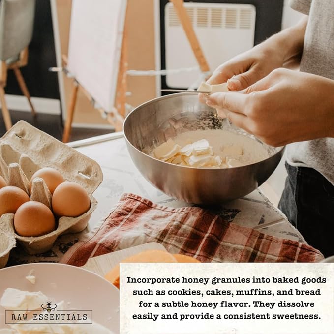 Raw Essentials Honey Granules – Natural Sweetness for Oatmeal, Yogurt, Beverages, and Desserts