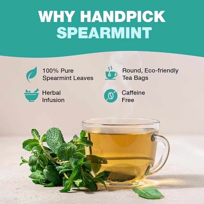 HANDPICK, Spearmint Tea Bags (100 Herbal Tea Bags) |Refreshing Mint Tea | Non-GMO | Round