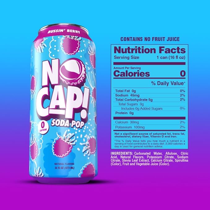 No Cap! Healthy Soda Pop Drinks, Zero Sugar, Zero Calorie, Natural Flavors, Caffeine Free, 16 Oz