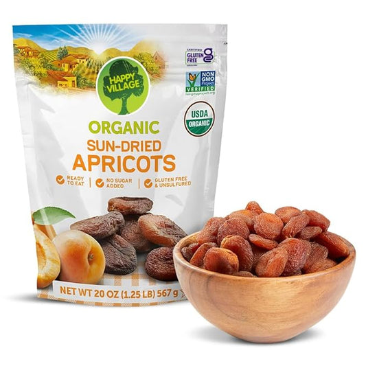 Happy Village Organic Turkish Sun-Dried Apricots, 20 OZ Resealable Bag, No Added Sugar Dried Fruit