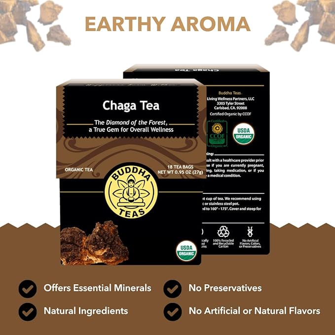 Buddha Teas - Chaga Tea - Organic Herbal Tea - For Cognitive Balance & Overall Health - With Chaga