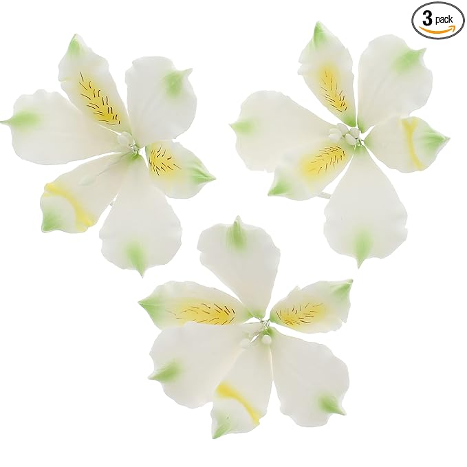 Global Sugar Art Alstroemeria Sugar Cake Flowers White with Green, 3 Count by Chef Alan Tetreault