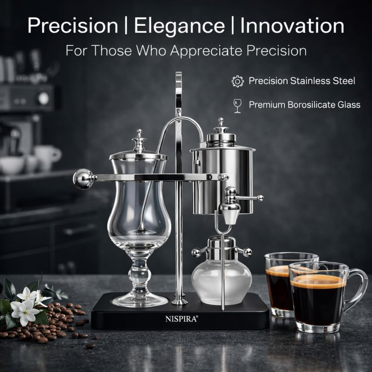 Nispira Belgian Balance Syphon Vacuum Coffee Maker, 500 ml Vintage Gravity Brewing System, Silver