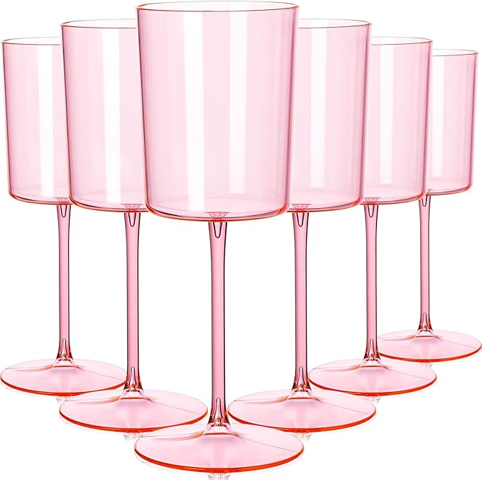 Ciaell 12 Pack Pink Plastic Wine Glasses - 10 Oz Disposable Wine Glasses with Stem for Parties &