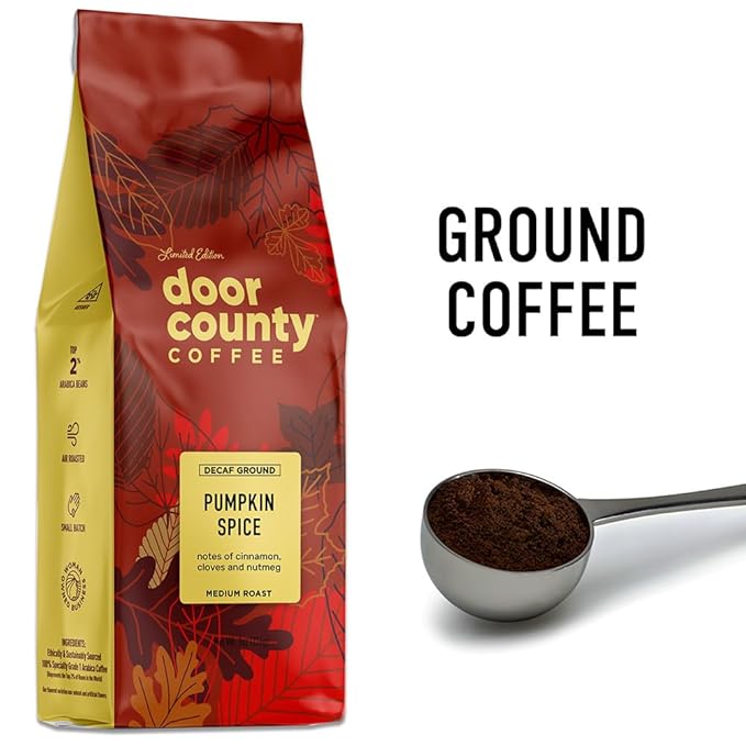 Door County Coffee Pumpkin Spice Flavored Decaf Coffee Ground - 8 oz Bag - Medium Roast - Cinnamon