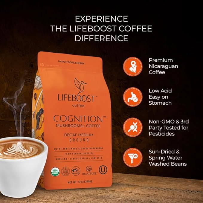 Lifeboost Cognition Decaf Mushroom Coffee - Low Acid Decaf Medium Organic Coffee with Lions Mane &