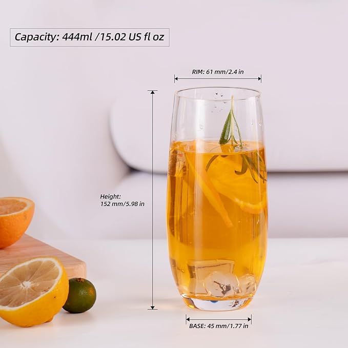 KAMMAK Drinking Glasses Set of 2, 15oz Crystal Water Glasses, Everyday Tall Glass Cups, Highball
