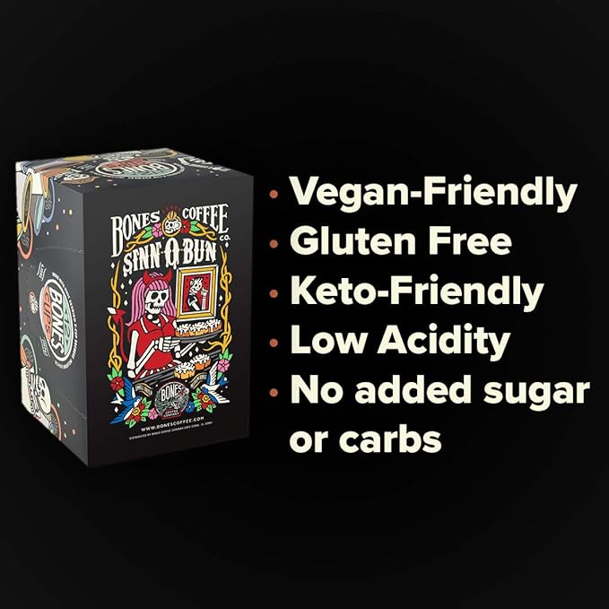 Bones Coffee Company Cinnamon Roll Flavored Coffee Pods, Low Acid Medium Roast Single-Serve Bones