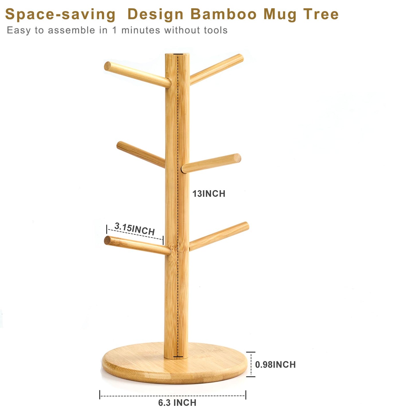 Kelduemi Bamboo Mug Tree for Counter, 6 Hooks Detachable Coffee Mug Holder, Decorative Mug Racks