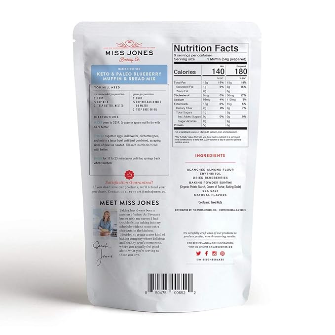 Miss Jones Baking Blueberry Muffin Mix - Almond Flour, Gluten Free, Low Carb, No Sugar Added