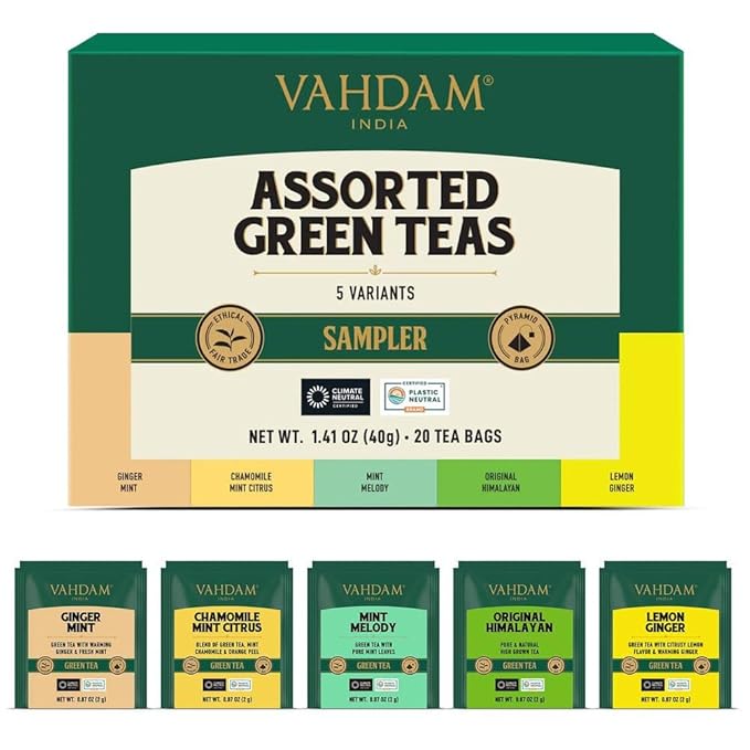 VAHDAM, Assorted Green Tea Bags Sampler (5 Flavors, 20 Ecofriendly Pyramid Tea bags) I Gift Ideas