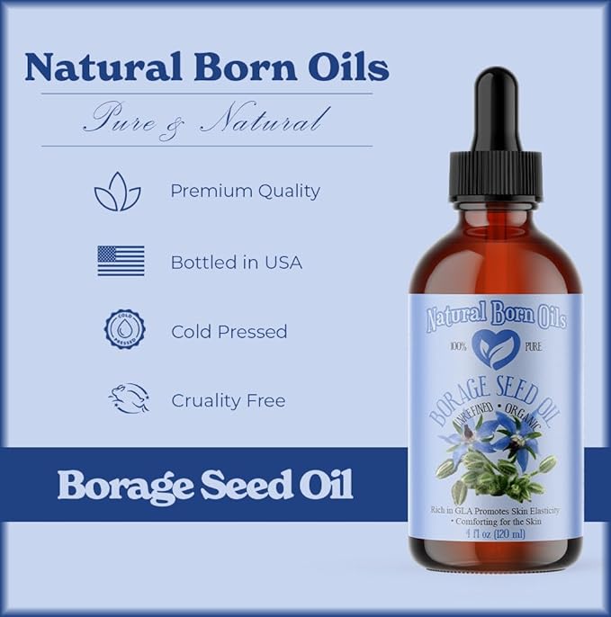 Natural Born Oils Borage Seed Oil, 8oz, Organic, Cold-Pressed, Carrier Oil, Omega-6 Rich, Skin