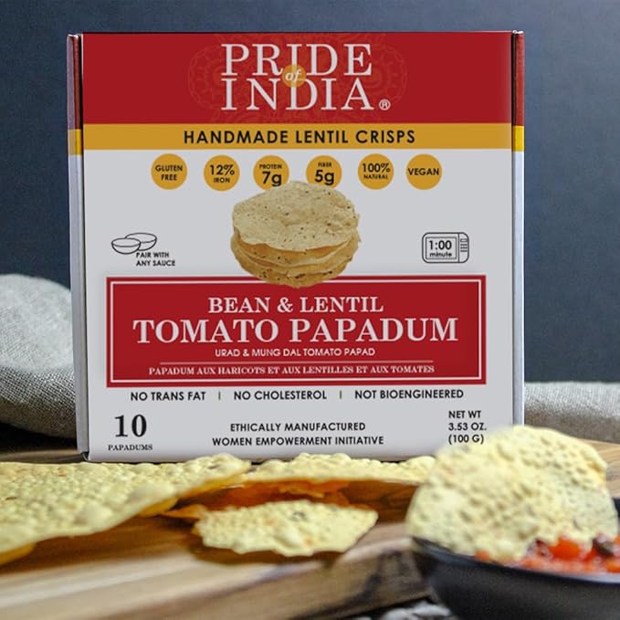Pride Of India | Tomato Papadum, Pack of 6-10 Count Box (3.53oz - 100gm) | Protein Fiber & Iron