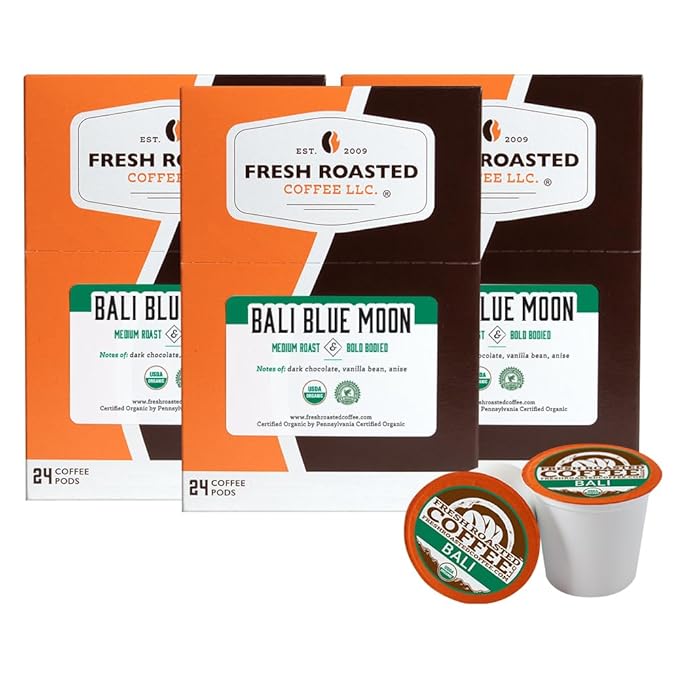 Fresh Roasted Coffee, Organic Bali Blue Moon | USDA Organic, Kosher | Medium Roast 72 Pods for K
