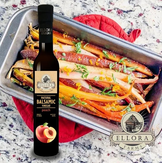 Ellora Farms, Peach fruit Infused Greek Balsamic Vinegar, thick and creamy, no-added sugars