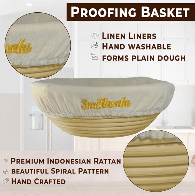 Round Banneton Bread Proofing Basket with Linen Liner, 9??Bread Basket with 6 Essential Bread