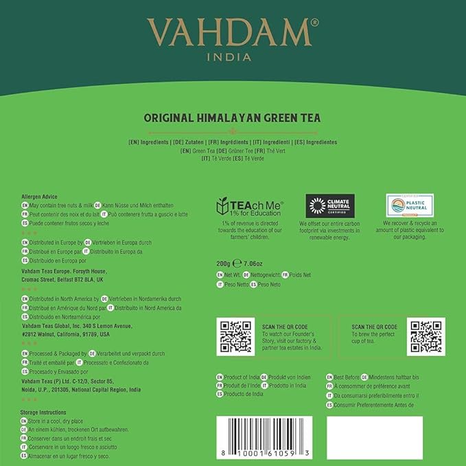 VAHDAM, Organic Himalayan Green Tea (100 Count) High Grown, Non GMO, Gluten Free, Low Caffeine |