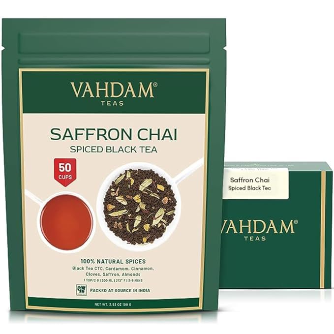 VAHDAM Saffron Spiced Chai (Loose Leaf, 50 Cups, 100g) | Black Tea with Cardamom, Cinnamon, Clove