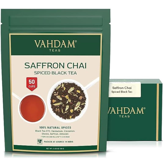 VAHDAM Saffron Spiced Chai (Loose Leaf, 50 Cups, 100g) | Black Tea with Cardamom, Cinnamon, Clove