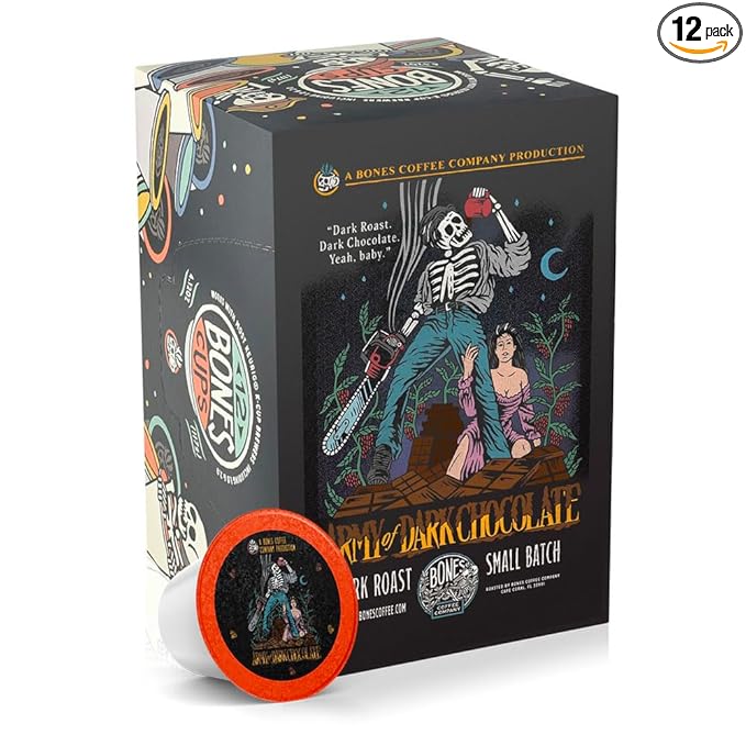 Bones Coffee Company Army of Dark Chocolate Flavored Coffee Pods, Low Acid Medium Roast